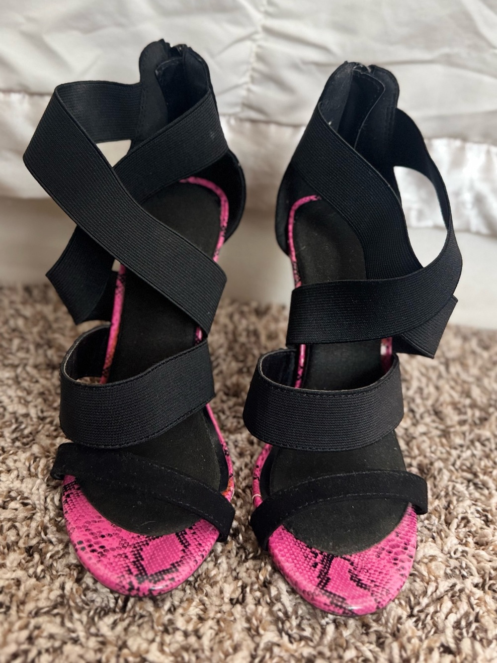 Wild Diva Black Strappy Heels with Pink Snake-Print Toe- Size 7
